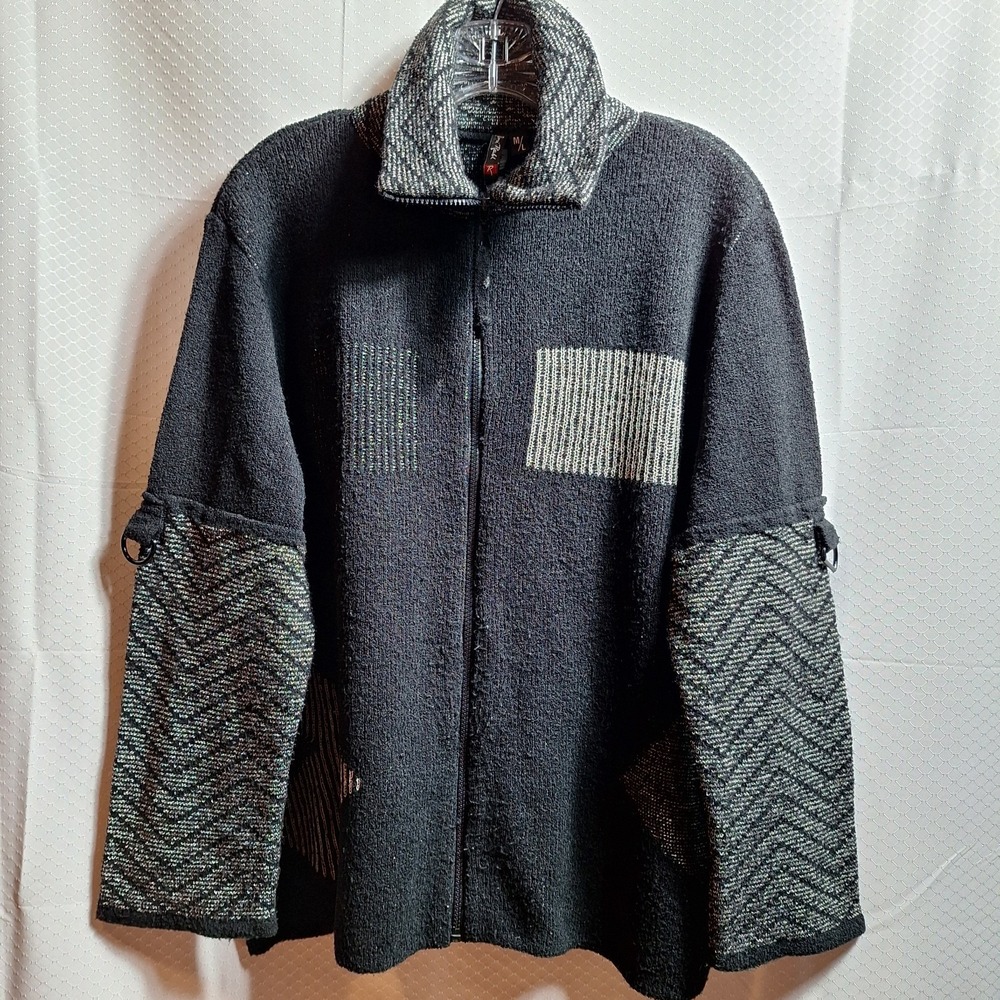 RONI RABL Full Zip Cardigan Sz M/L Black White Boho Chic Lagenlook Artsy EUC!
